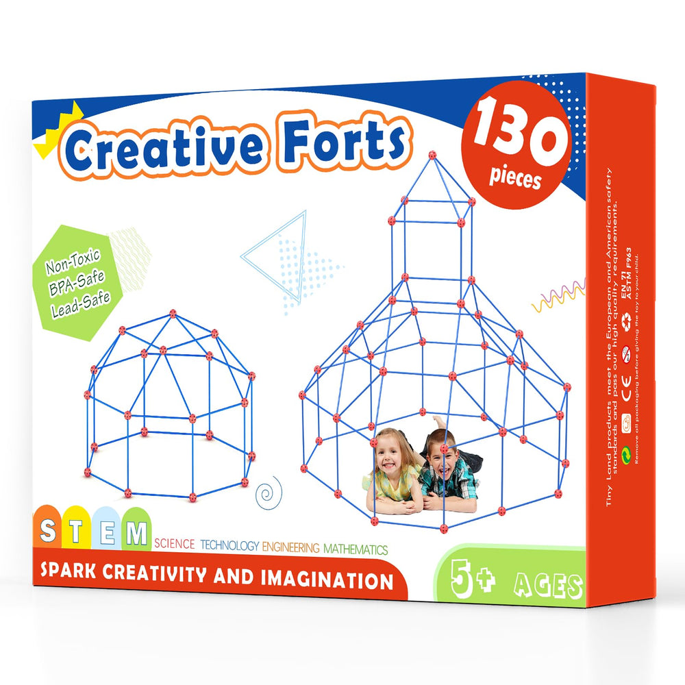 Tiny Land fort-building-kit contents showing 130 pieces for creative play and easy storage