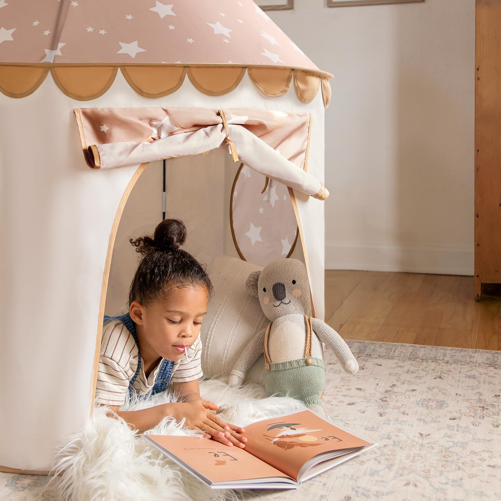 Tiny Land Khaki Castle Tent reinforced stitching for durability.