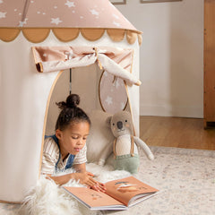 Tiny Land Khaki Castle Tent reinforced stitching for durability.