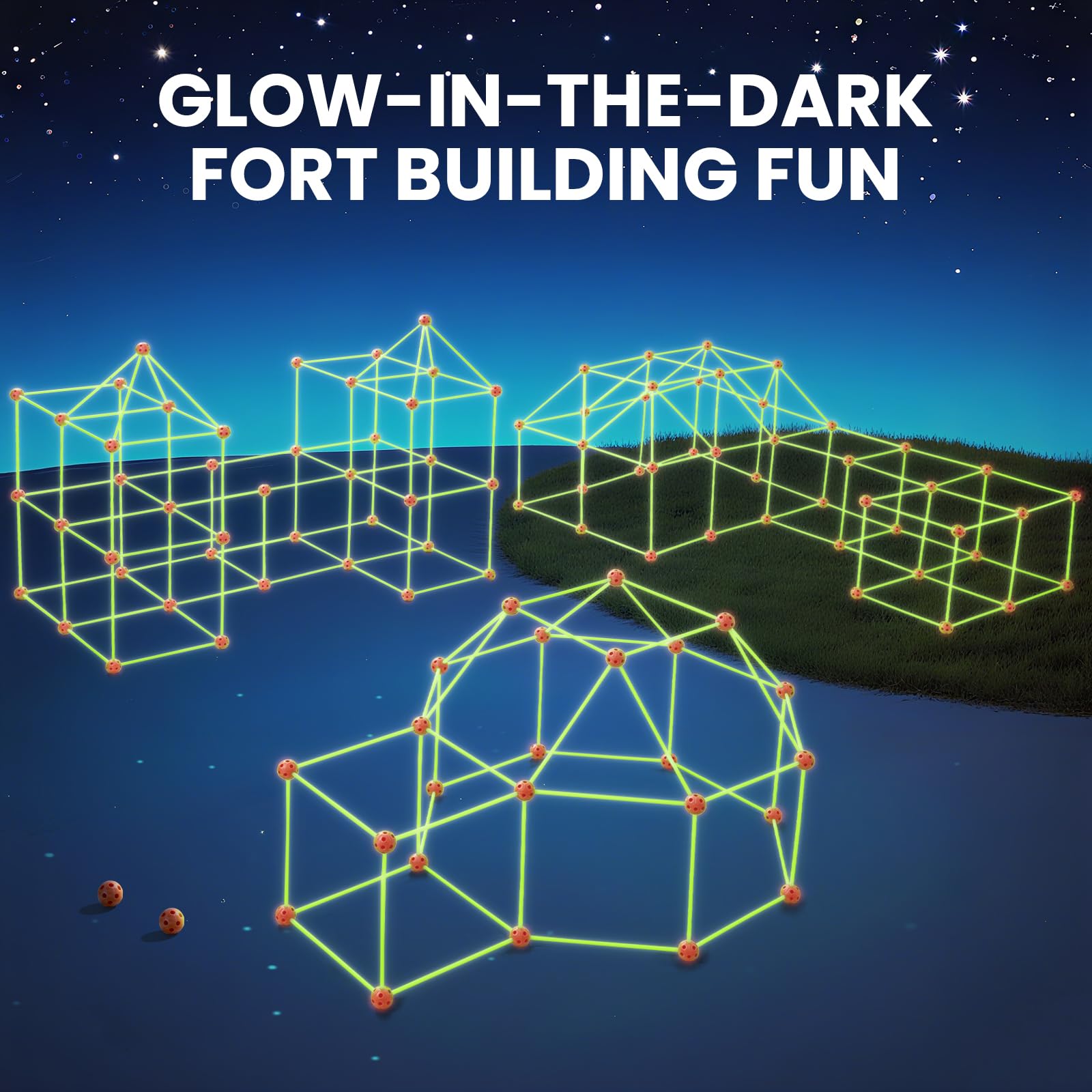 Kids building an indoor fort with Tiny Land glow set.
