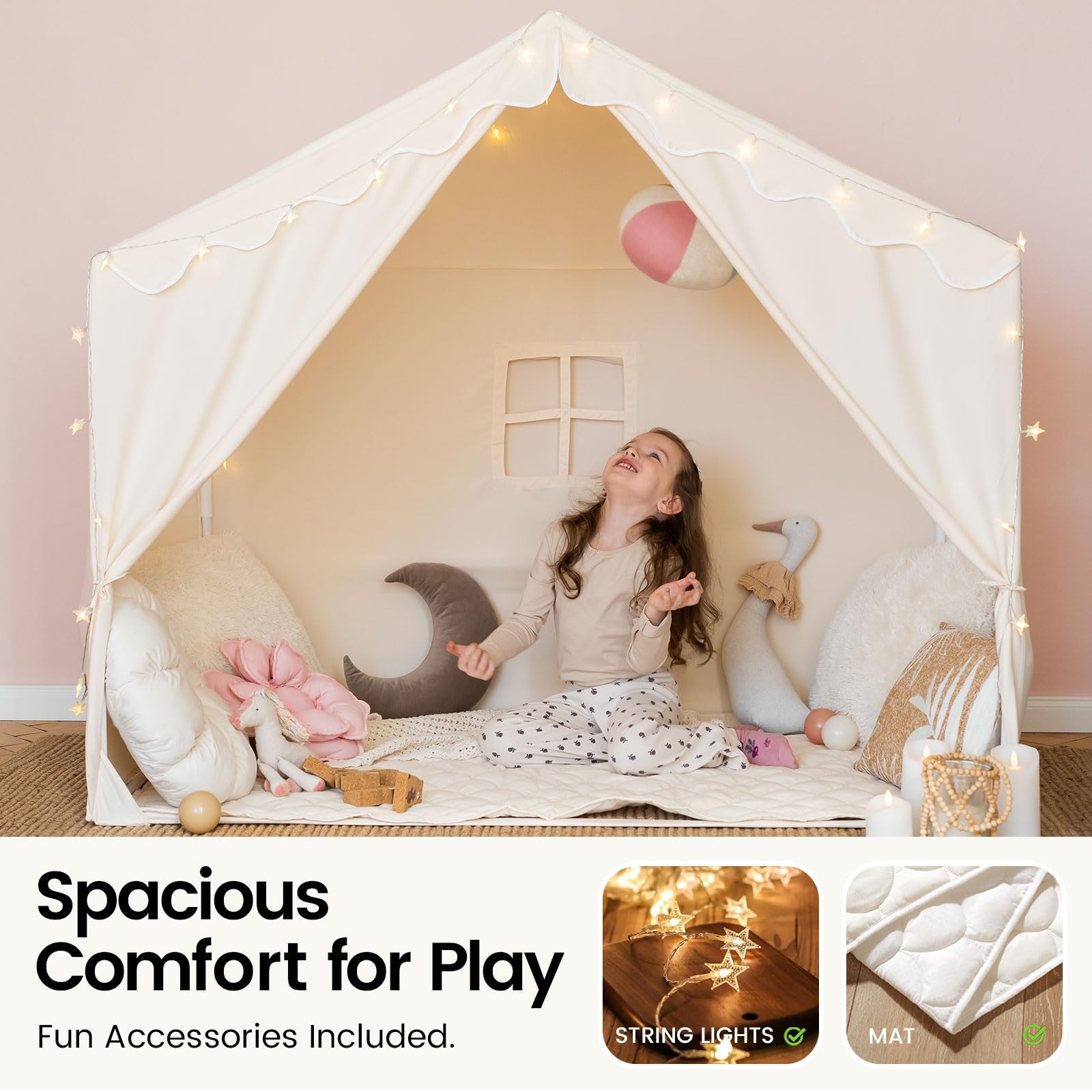 Tiny Land Kids Tent star lights create a dreamy reading nook.