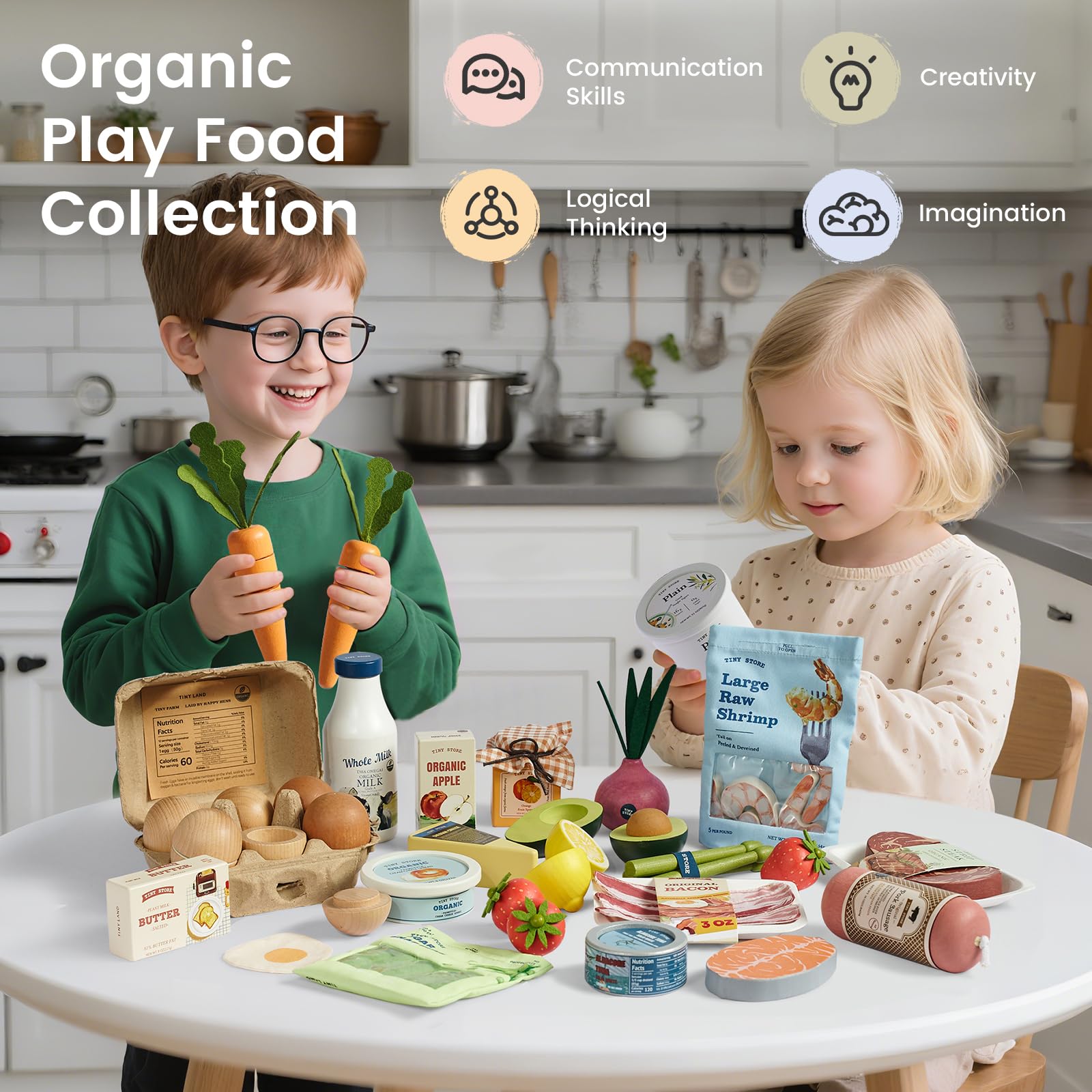 Tiny Land lemon wooden fruit enhances colorful pretend kitchen role play.