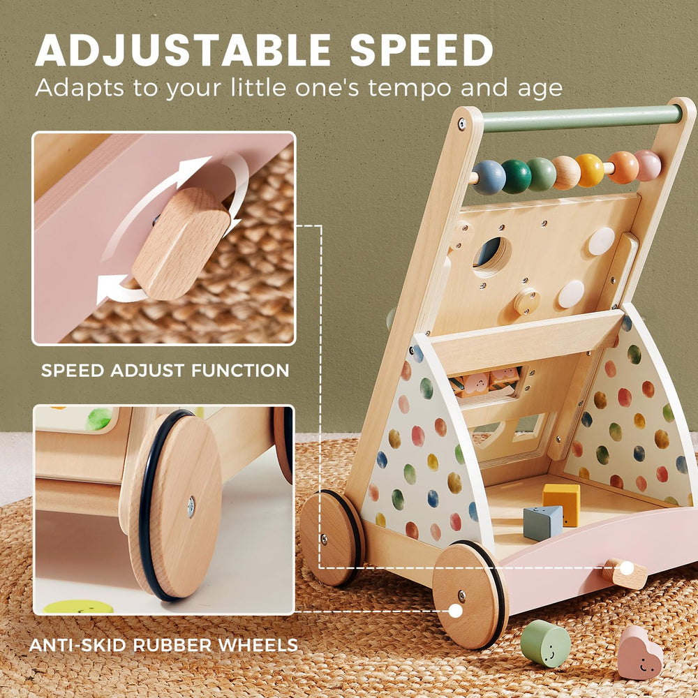 Tiny Land Montessori activity center highlights mirrors, gears, and learning toys.