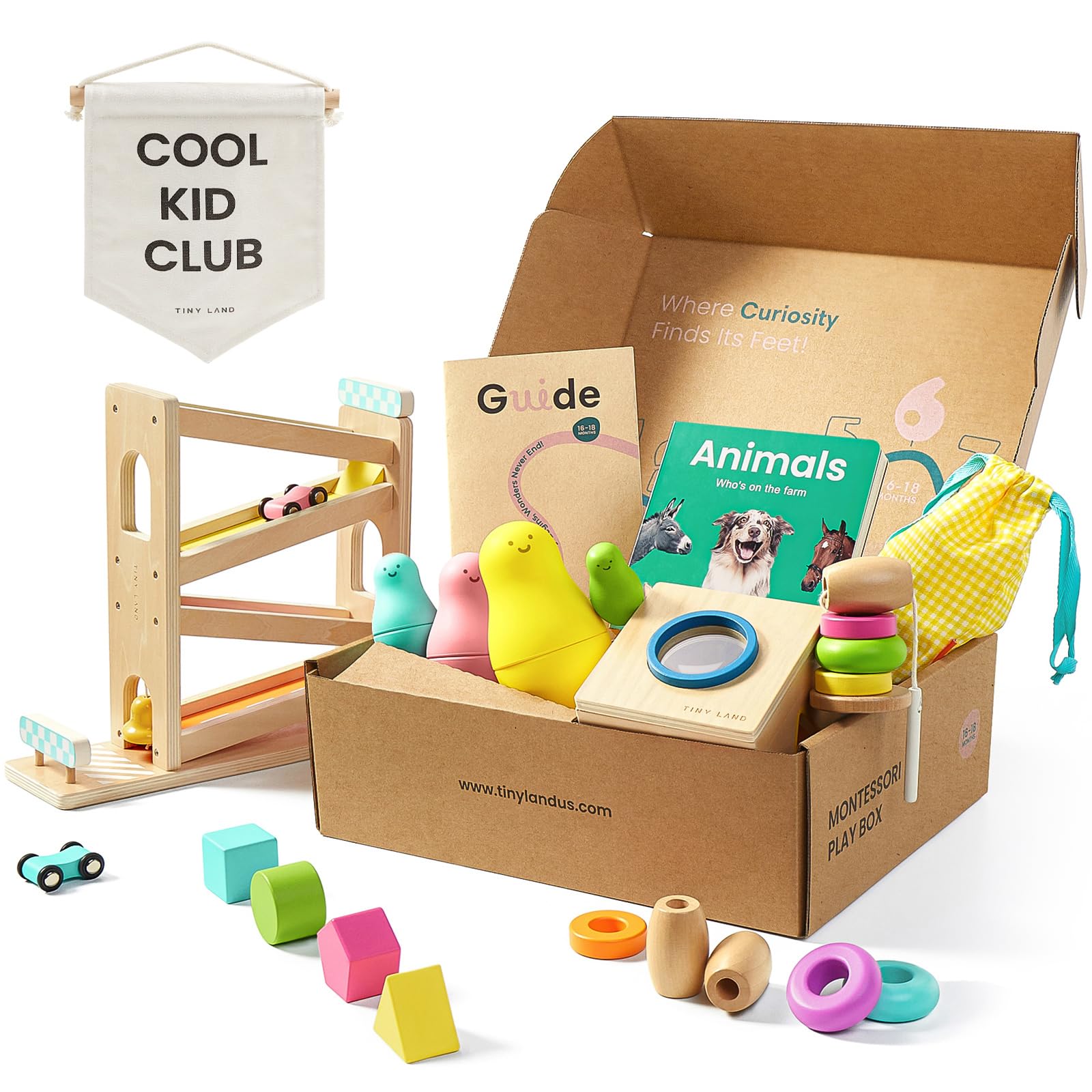 Tiny Land Montessori toy set for babies 16-18 months, promoting sensory exploration and independent play.