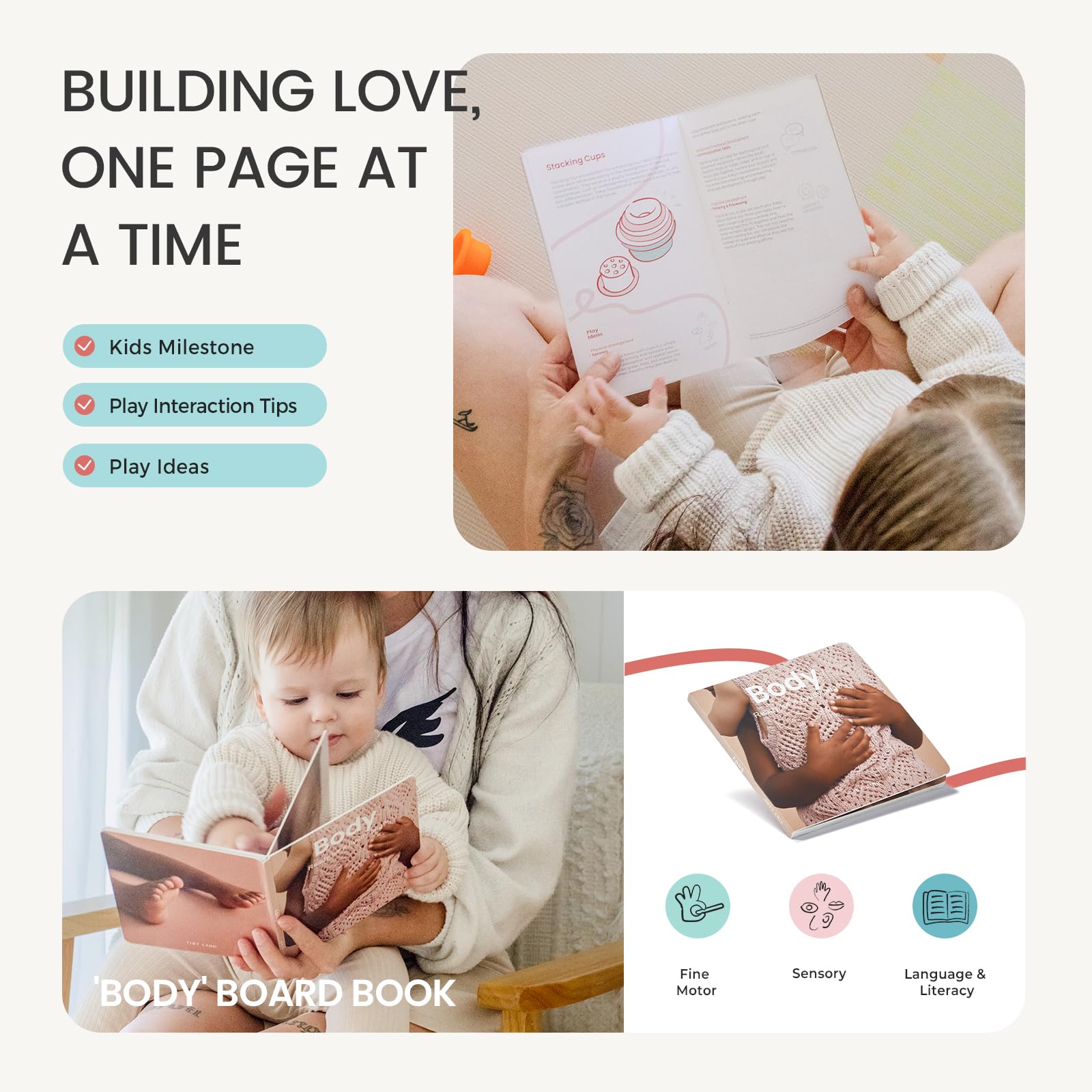 Tiny Land Body Awareness Board Book introduces hands and feet concepts.