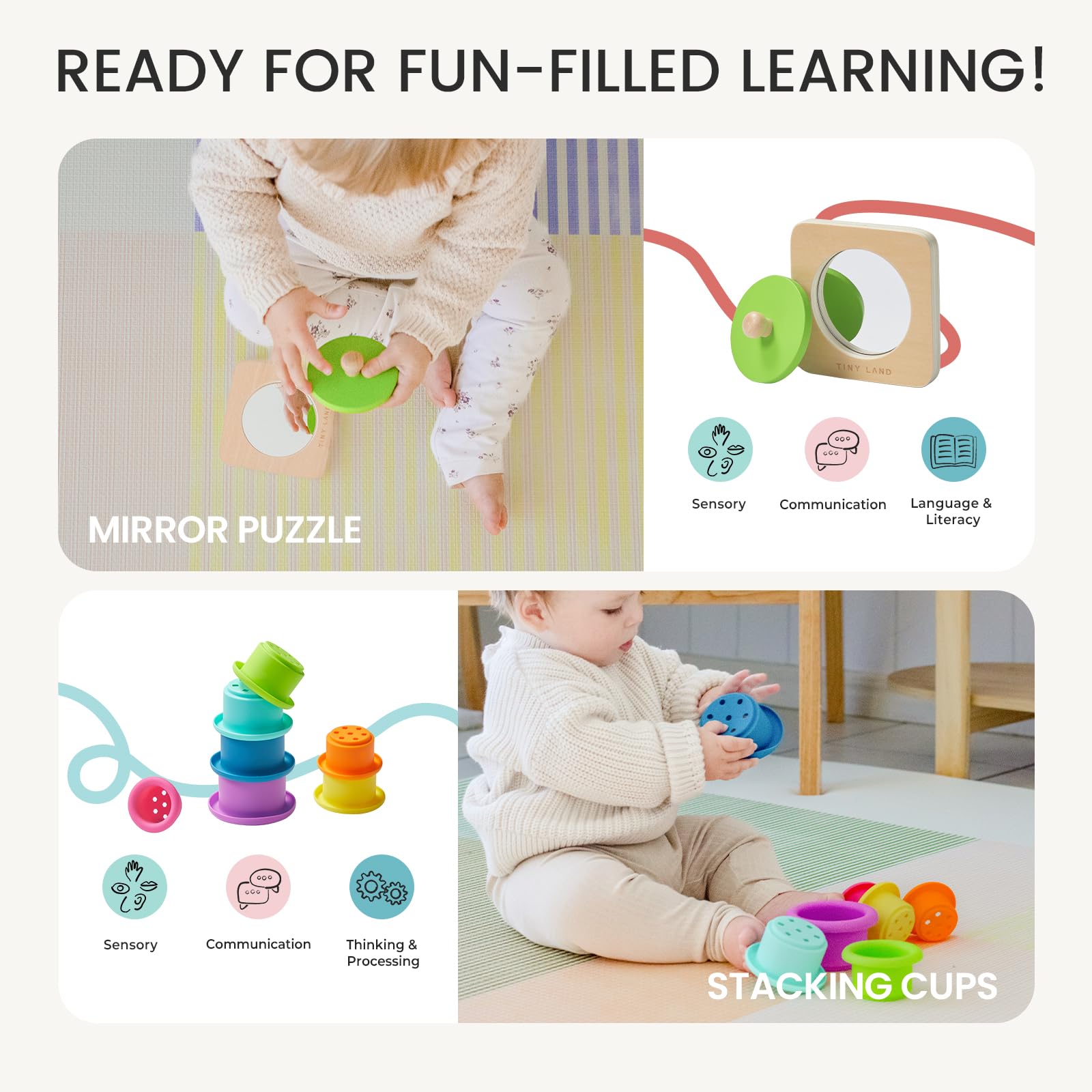Tiny Land Mirror Puzzle aids self-recognition and visual tracking during play.