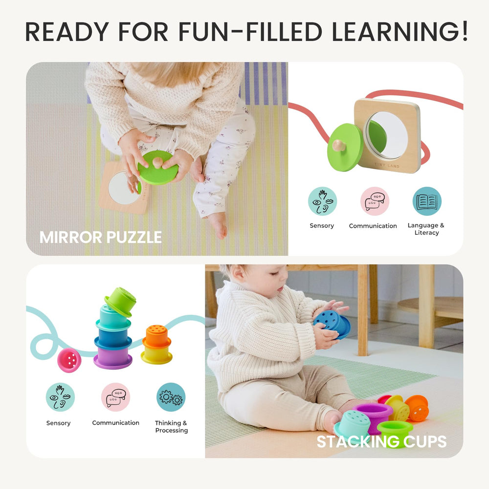 Tiny Land Mirror Puzzle aids self-recognition and visual tracking during play.