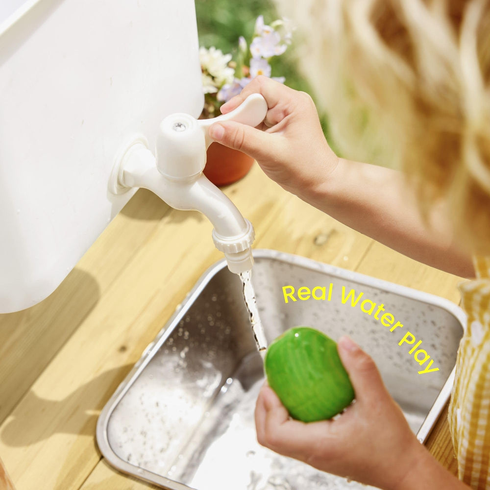 Tiny Land mud kitchen cleaning-ready surface supports quick rinsing after play