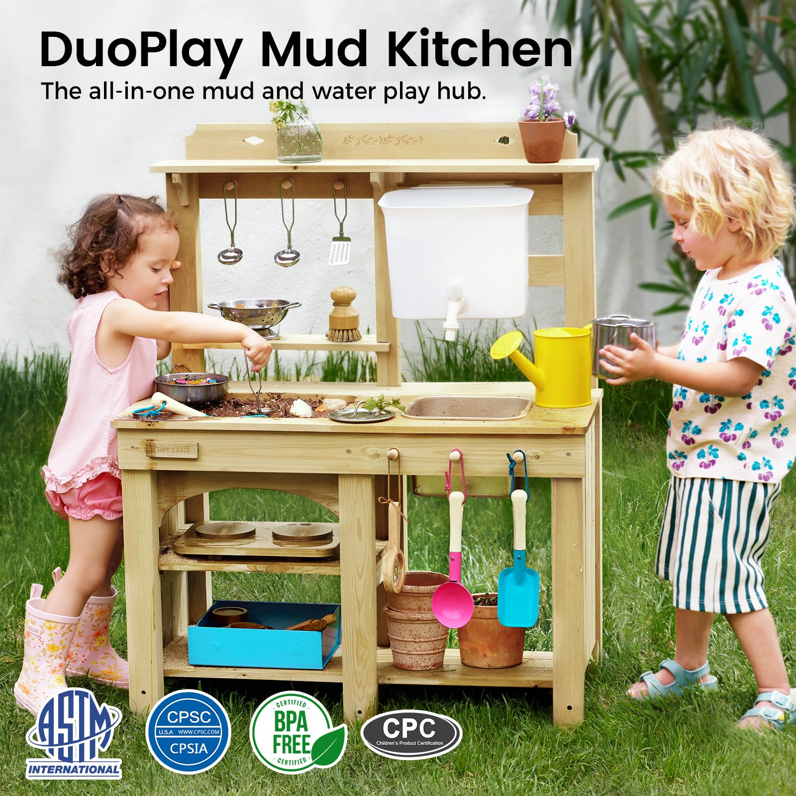 Tiny Land mud kitchen water-tank enables water play on sunny days with splashy fun