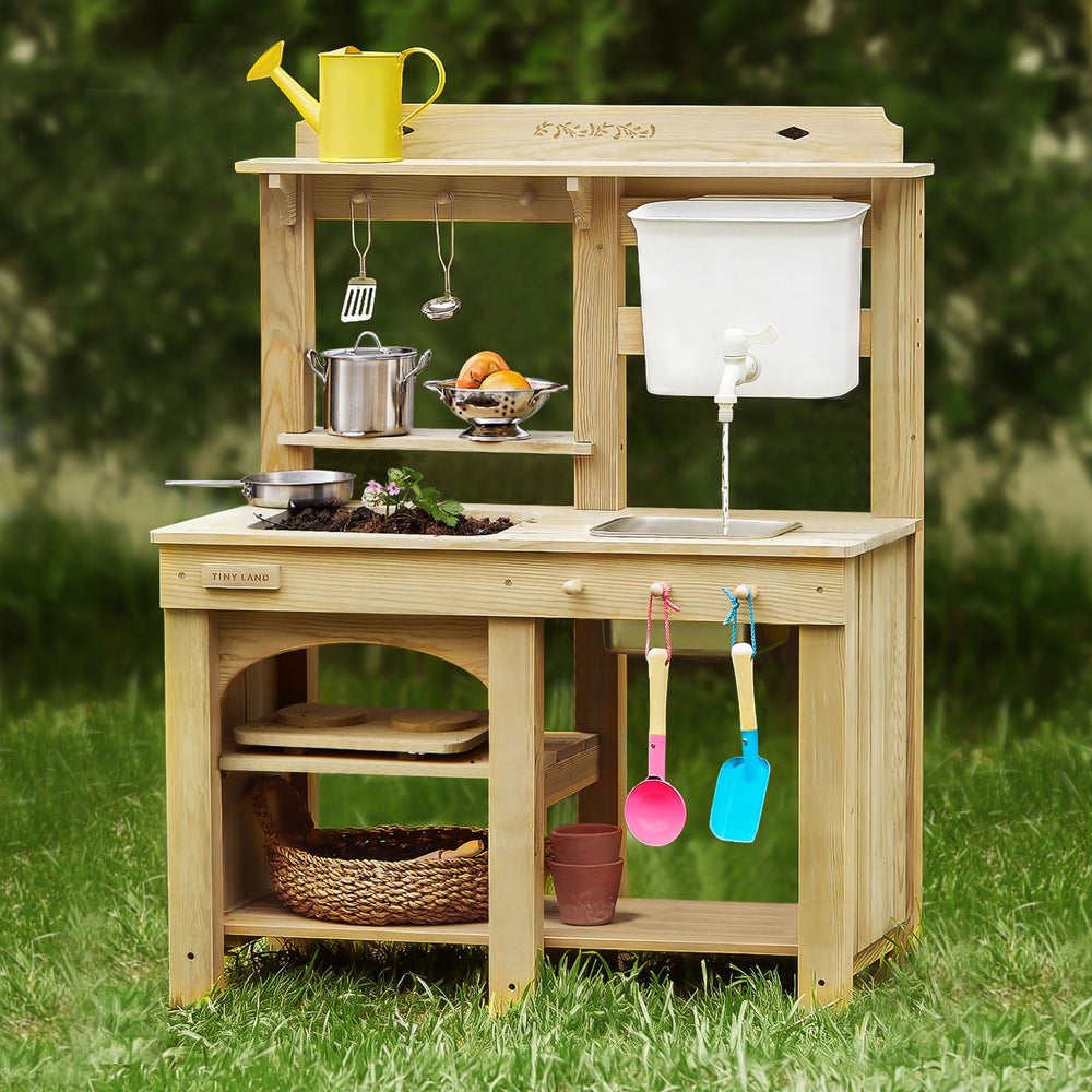 Tiny Land mud kitchen worktop shows a spacious surface for creative outdoor cooking and messy play