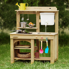 Tiny Land mud kitchen worktop shows a spacious surface for creative outdoor cooking and messy play