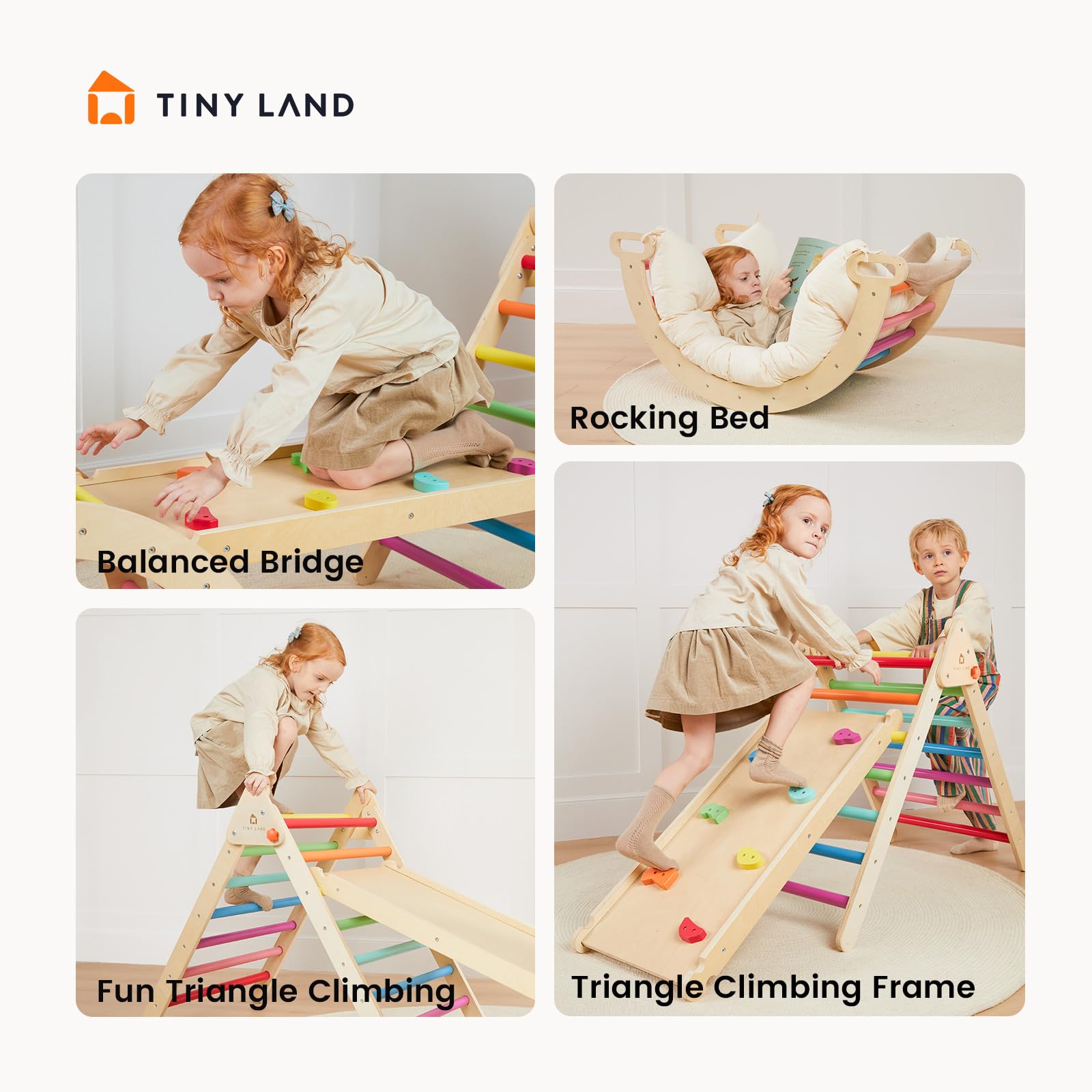 Child using Tiny Land Pikler triangle in living room for crawling and balancing