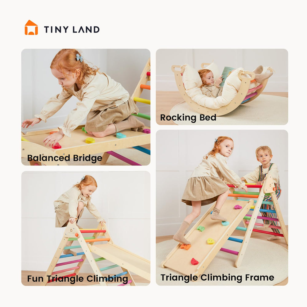 Child using Tiny Land Pikler triangle in living room for crawling and balancing