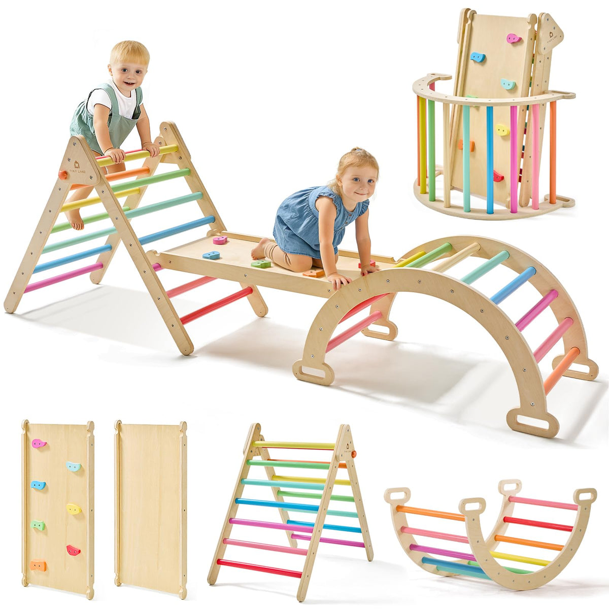 Tiny Land Pikler triangle set assembly shows sturdy wooden frame for safe play