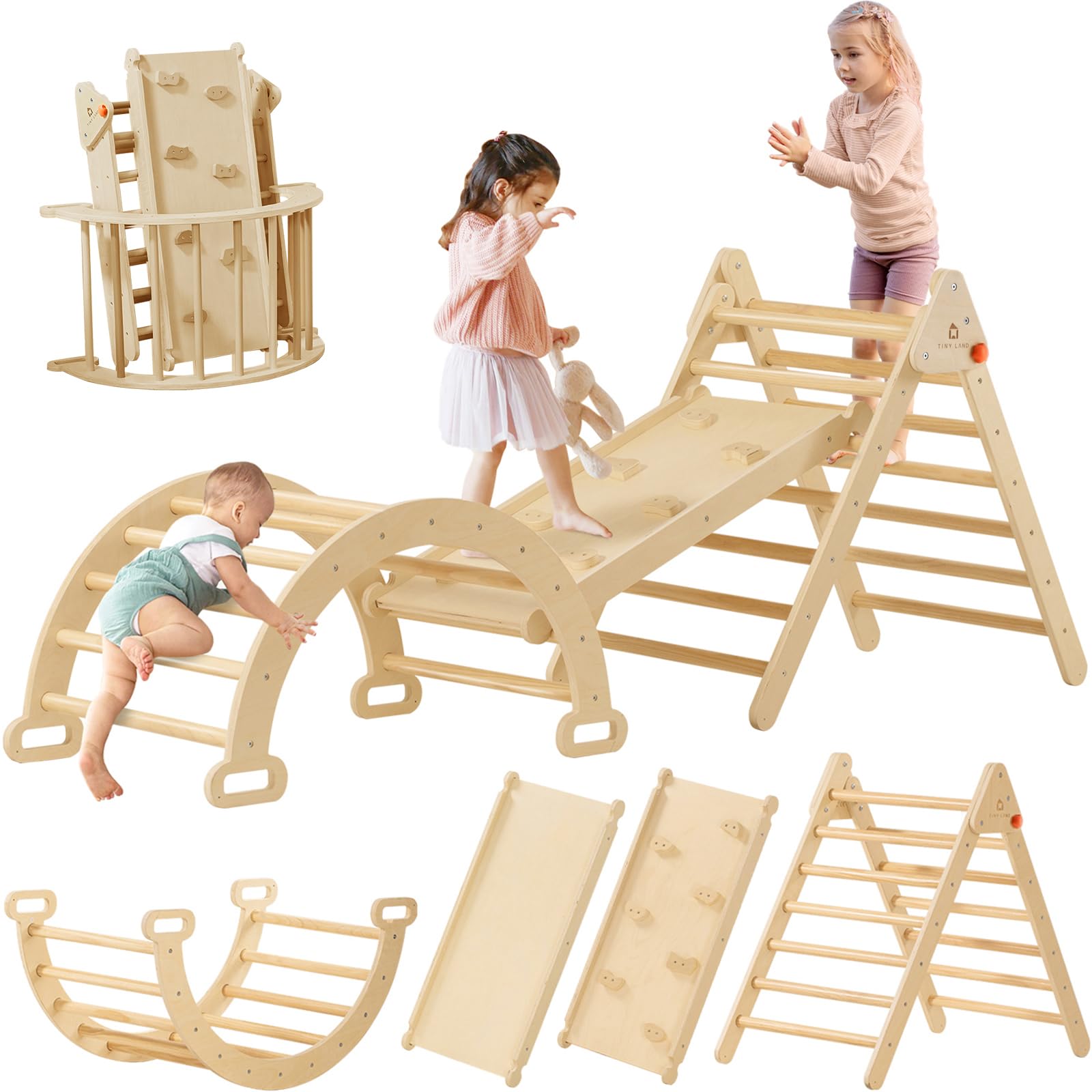 Tiny Land Pikler triangle set in natural wood, safe toddler climbing.