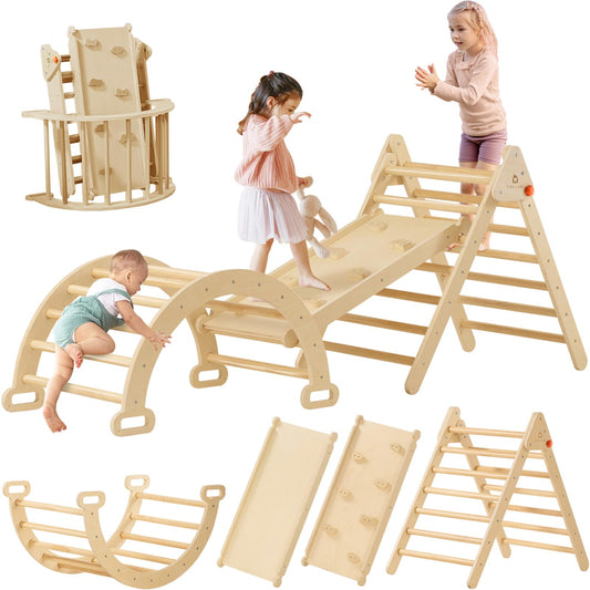 Tiny Land Pikler triangle set in natural wood, safe toddler climbing.