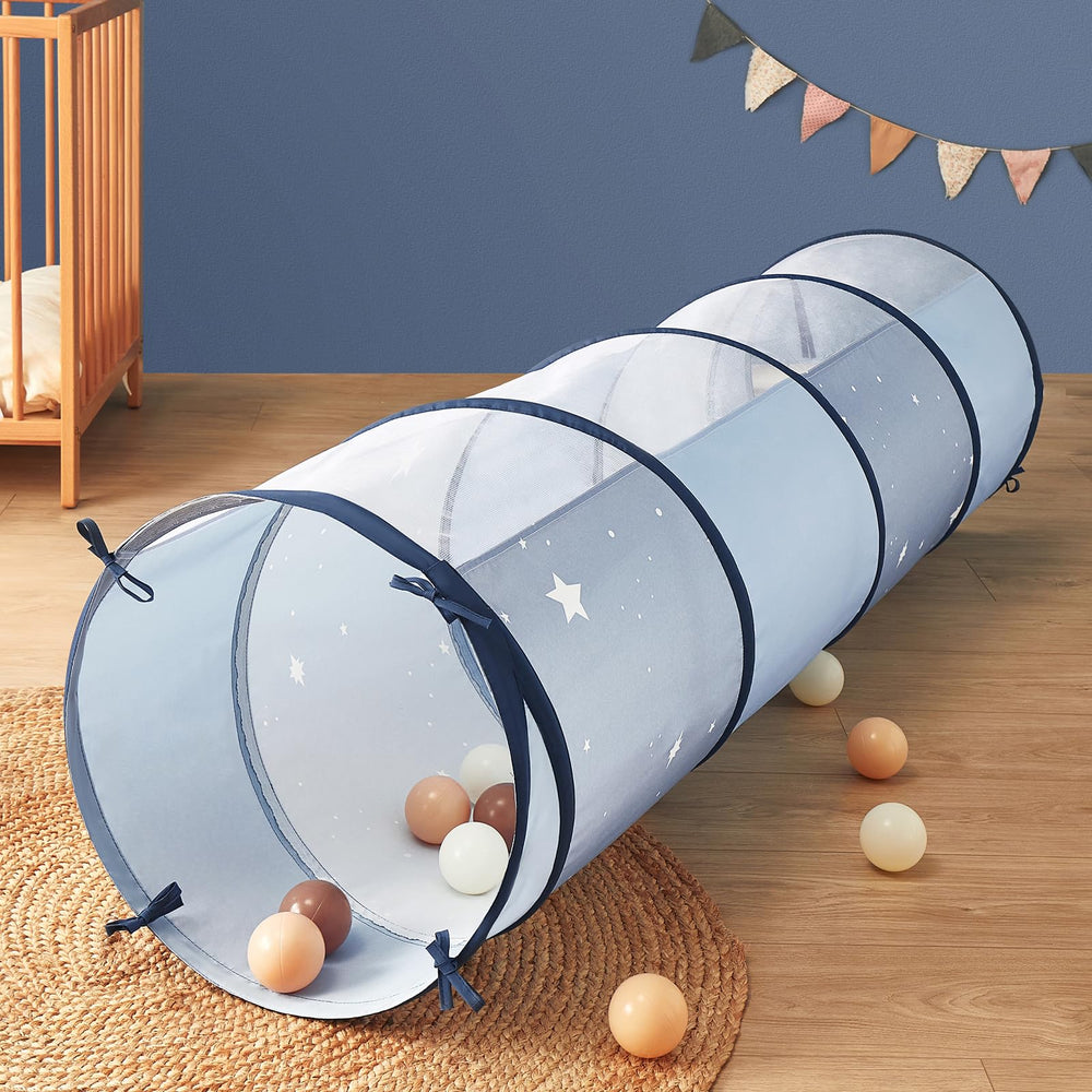 Tiny Land play tunnel blue assembled with breathable mesh for airflow and safe crawling.