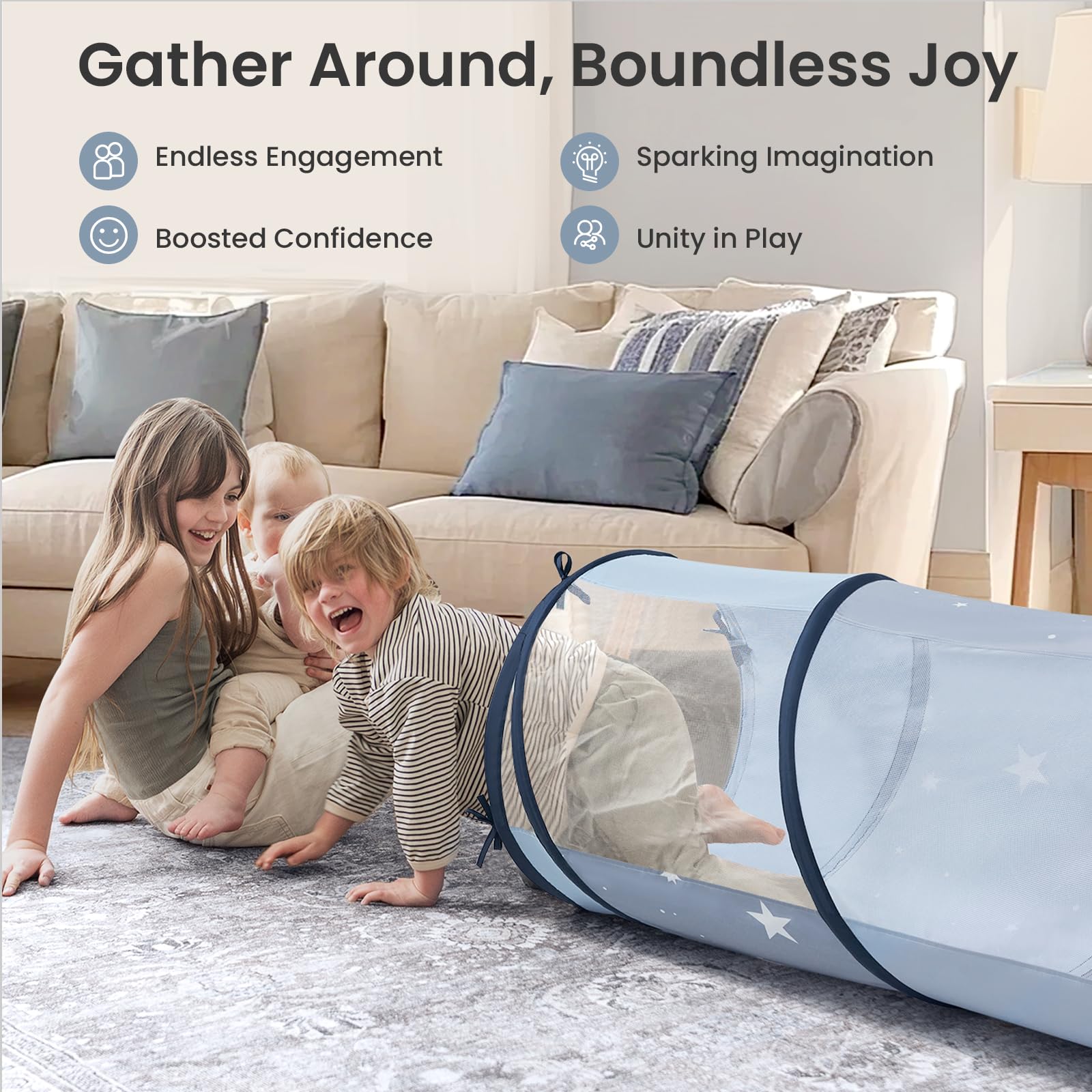 Tiny Land blue play tunnel features stars to spark curiosity during exploration.