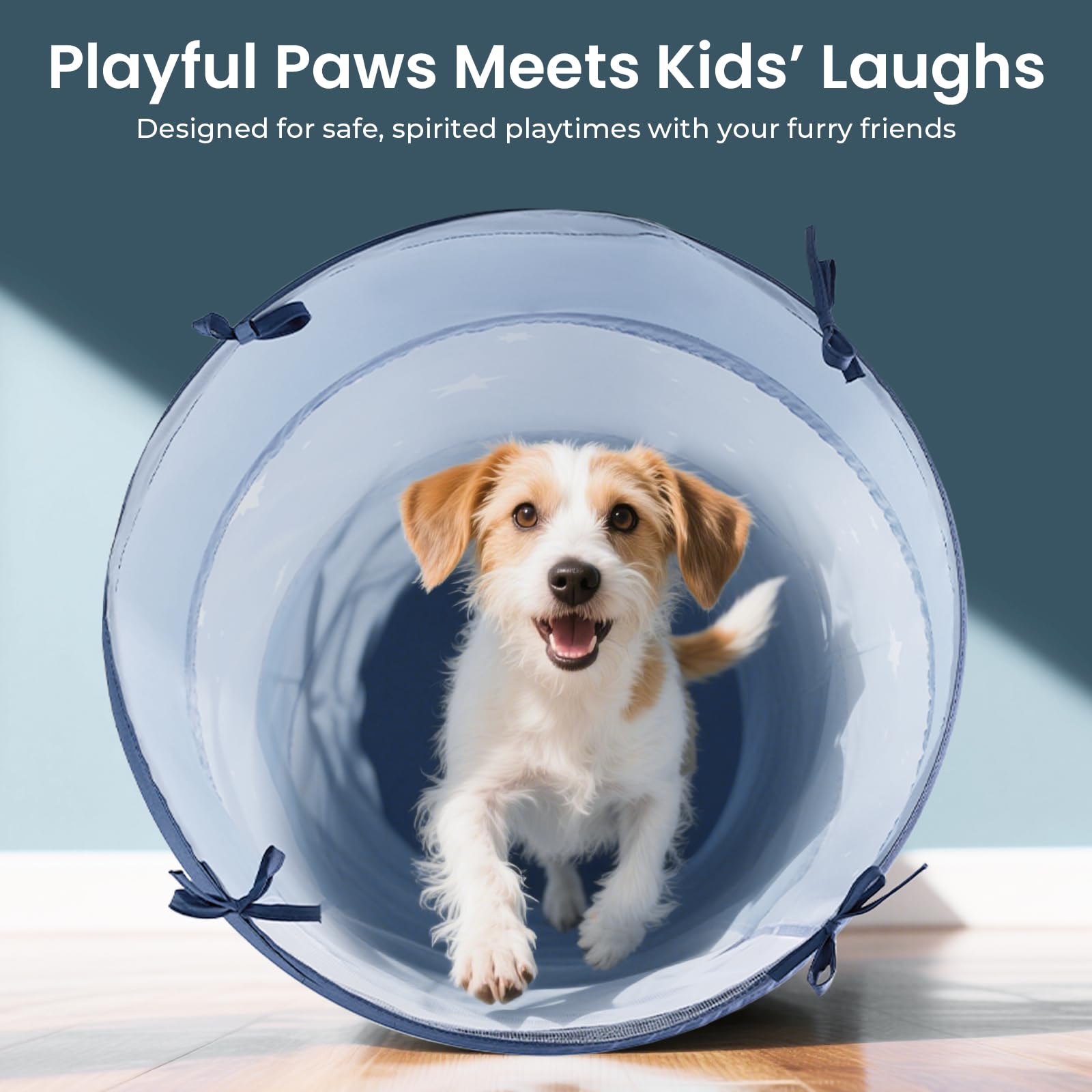 Tiny Land blue tunnel invites kids to crawl, hide, and explore safely.