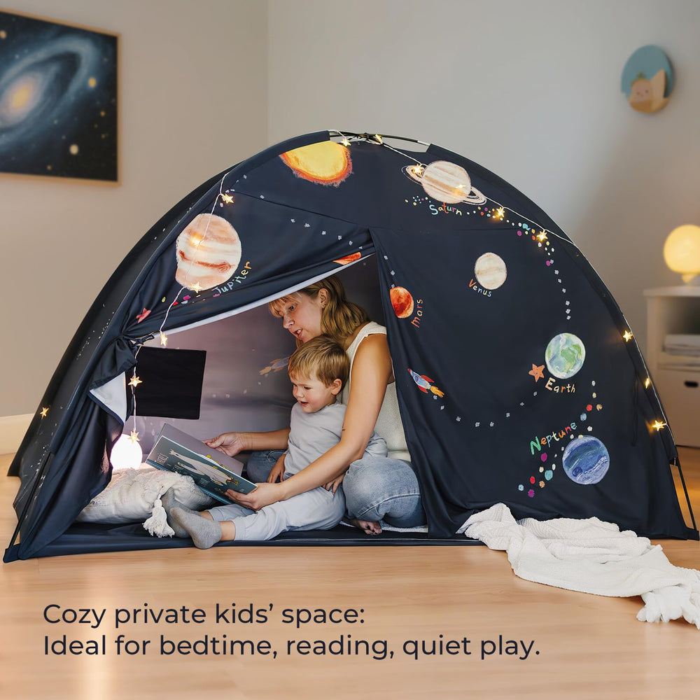 Built-in storage pockets inside the Tiny Land Space Galaxy Bed Tent for books and toys.