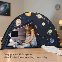 Built-in storage pockets inside the Tiny Land Space Galaxy Bed Tent for books and toys.