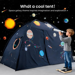 Cozy indoor setup showing Tiny Land Space Galaxy Bed Tent over a bed for private play.
