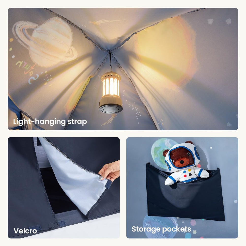Spacious interior for 1-4 kids inside the Tiny Land Space Galaxy Bed Tent.