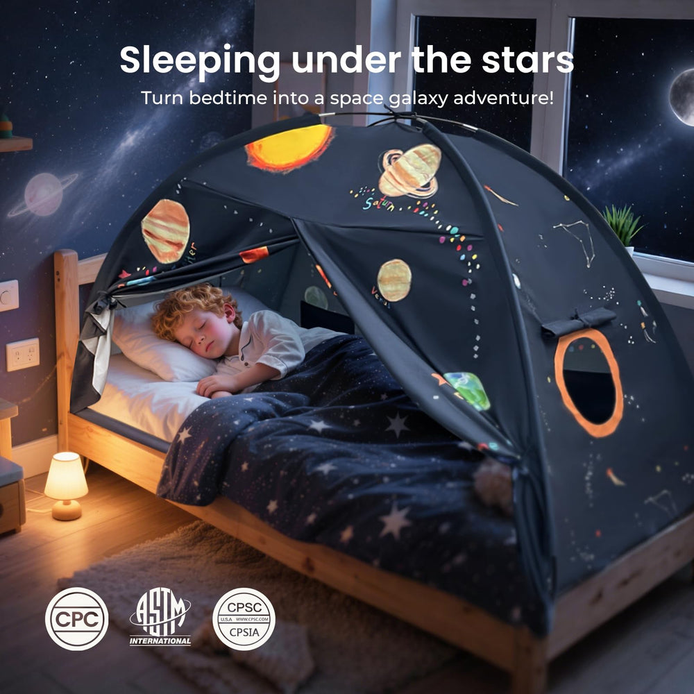 The Tiny Land Space Galaxy Bed Tent fits over twin or bunk beds for versatile setup.