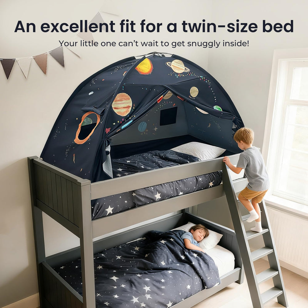 Tiny Land Space Galaxy Bed Tent ventilated windows and starry atmosphere inside.