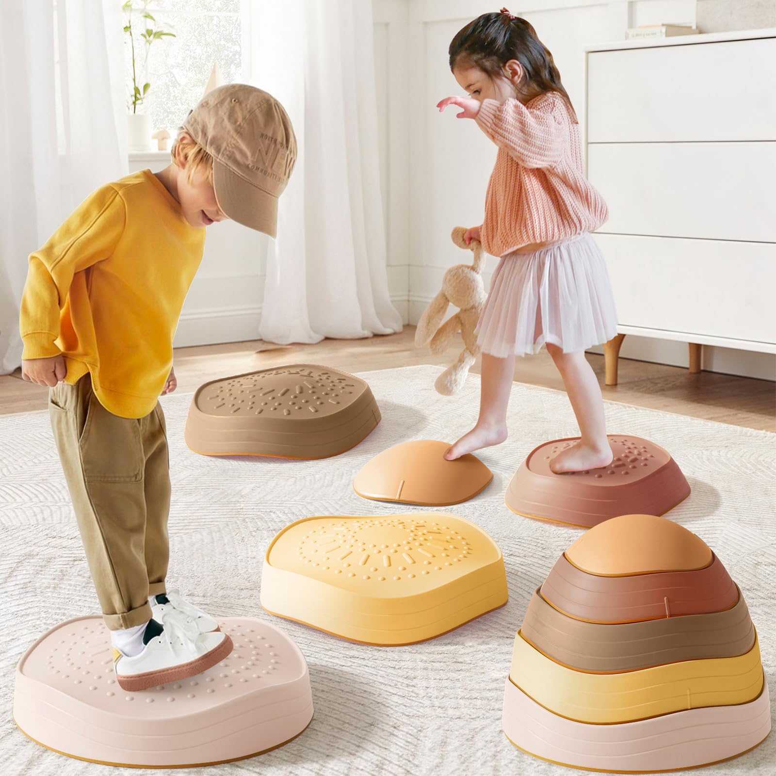 Tiny Land stepping stones colorfully arranged in a top view for imaginative balance play.