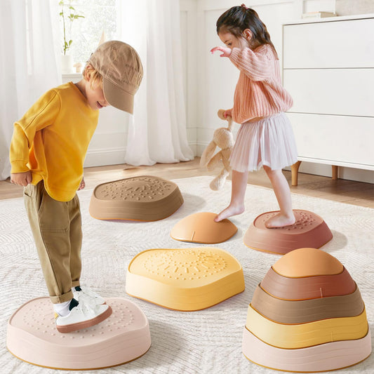 Tiny Land stepping stones colorfully arranged in a top view for imaginative balance play.