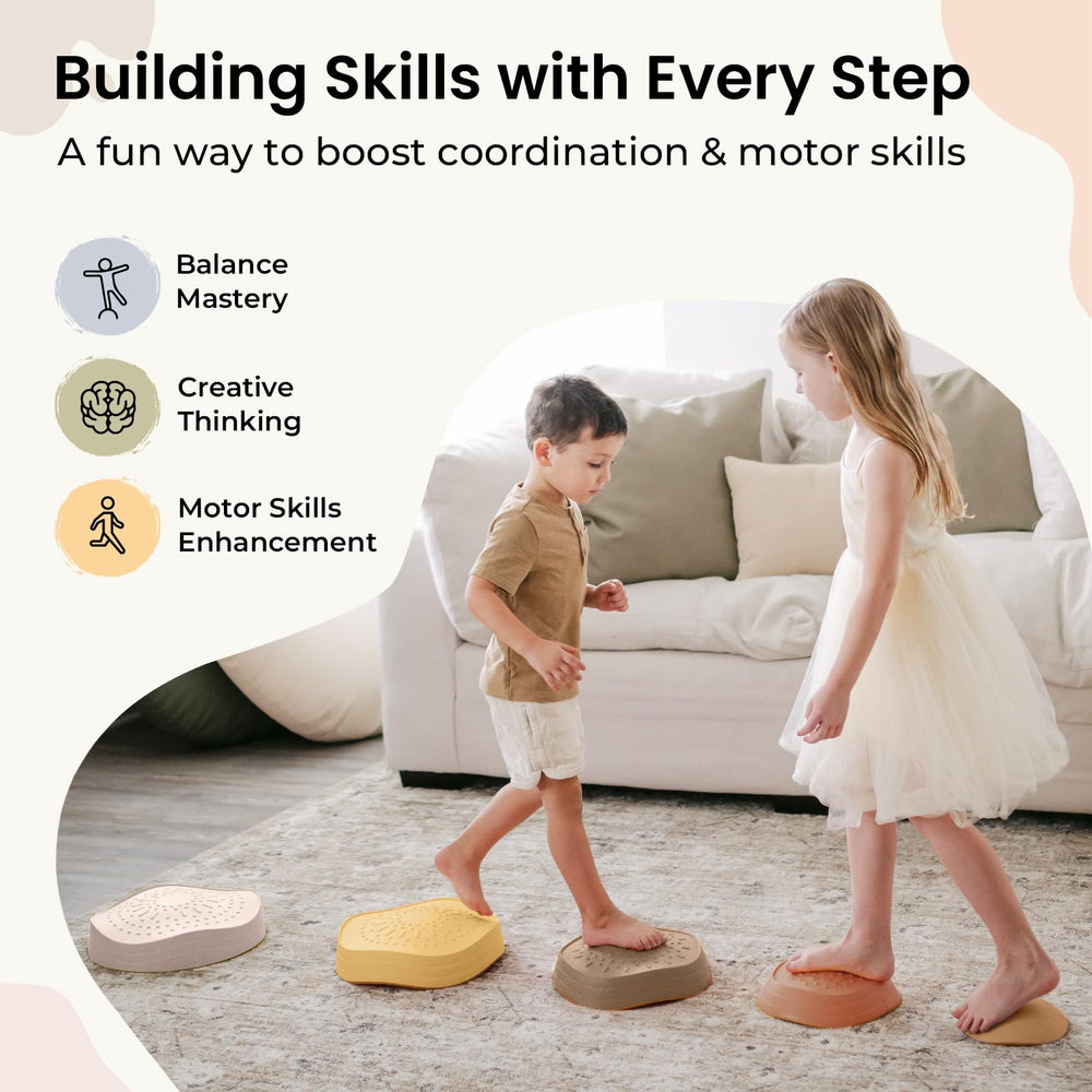 Tiny Land stepping stones image showing a child walking a line to improve balance and coordination.