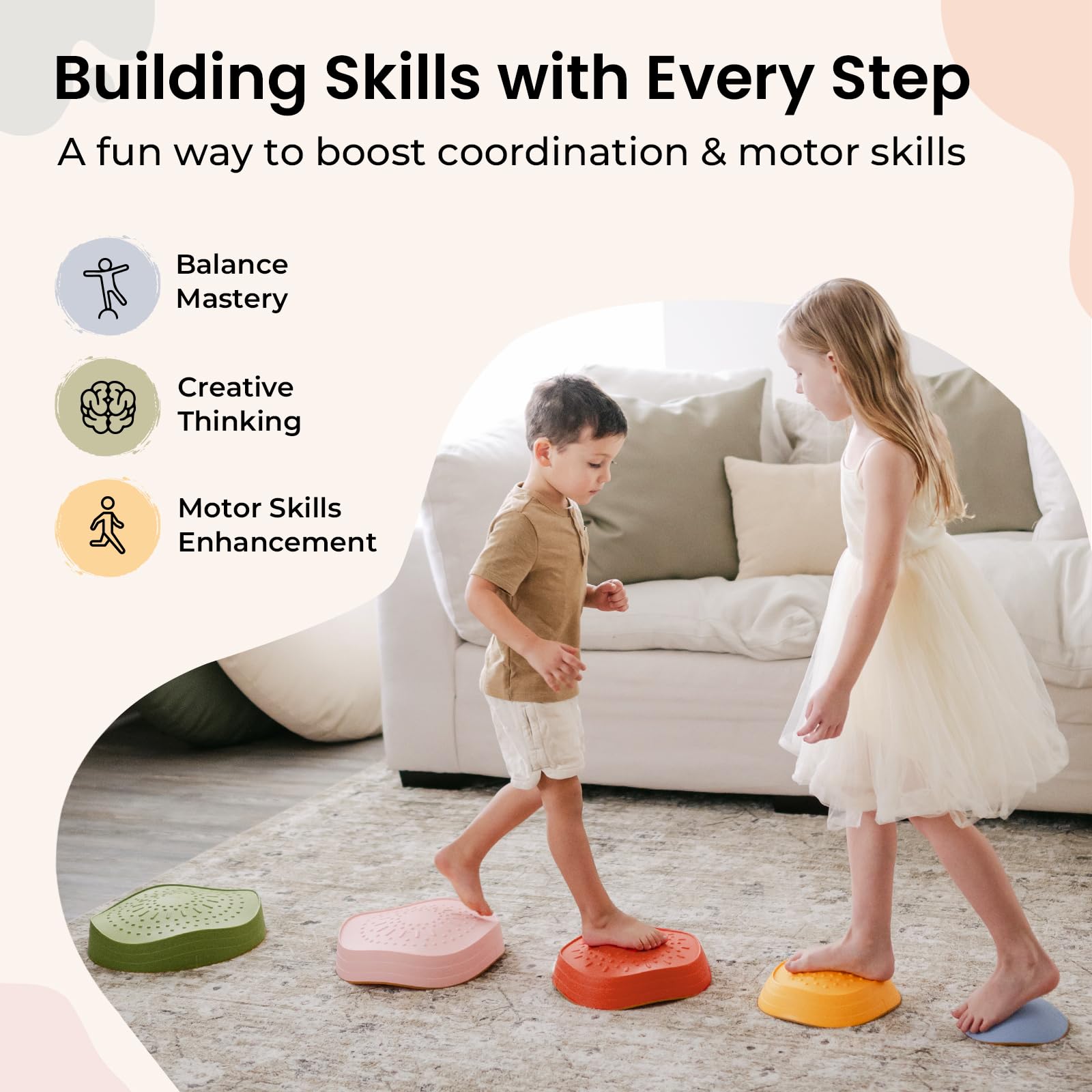 Kids practice balance and coordination with Tiny Land stepping stones in a home obstacle course.