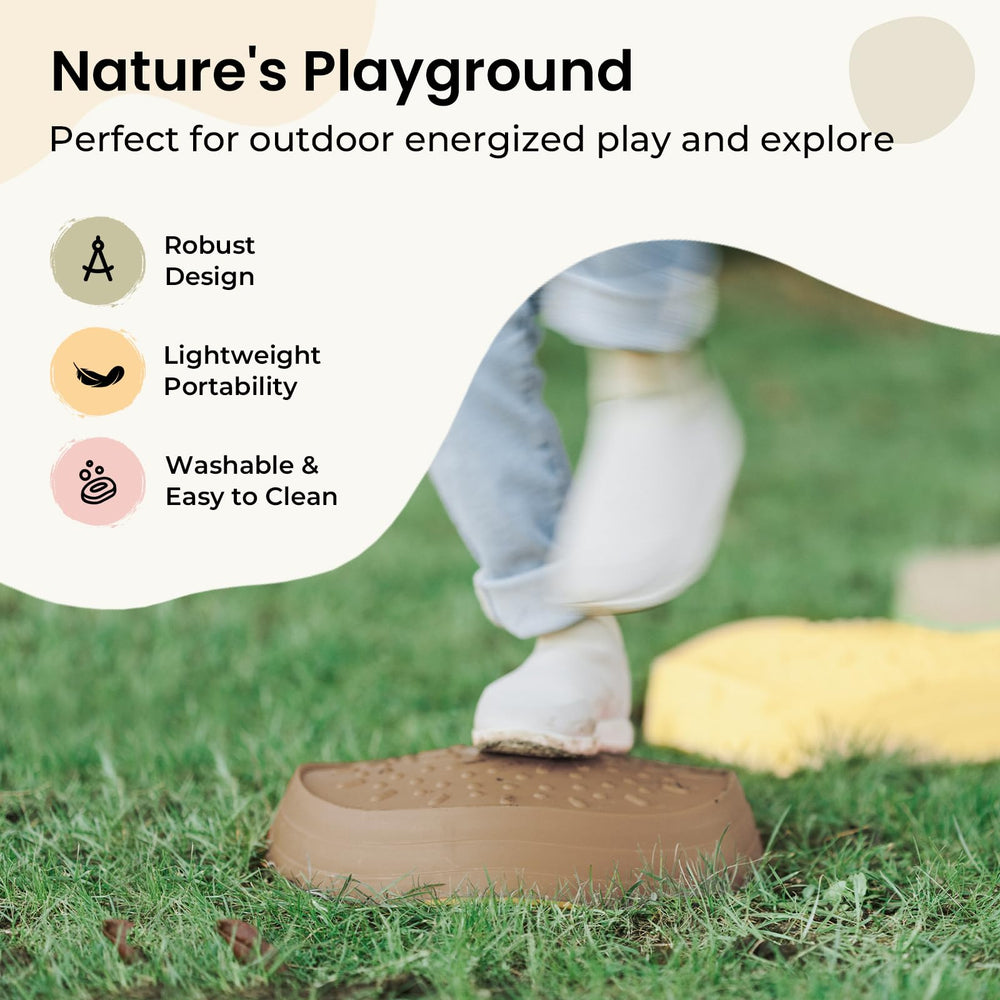 Tiny Land stepping stones outdoor setup with family creating moments of growth and shared activity.
