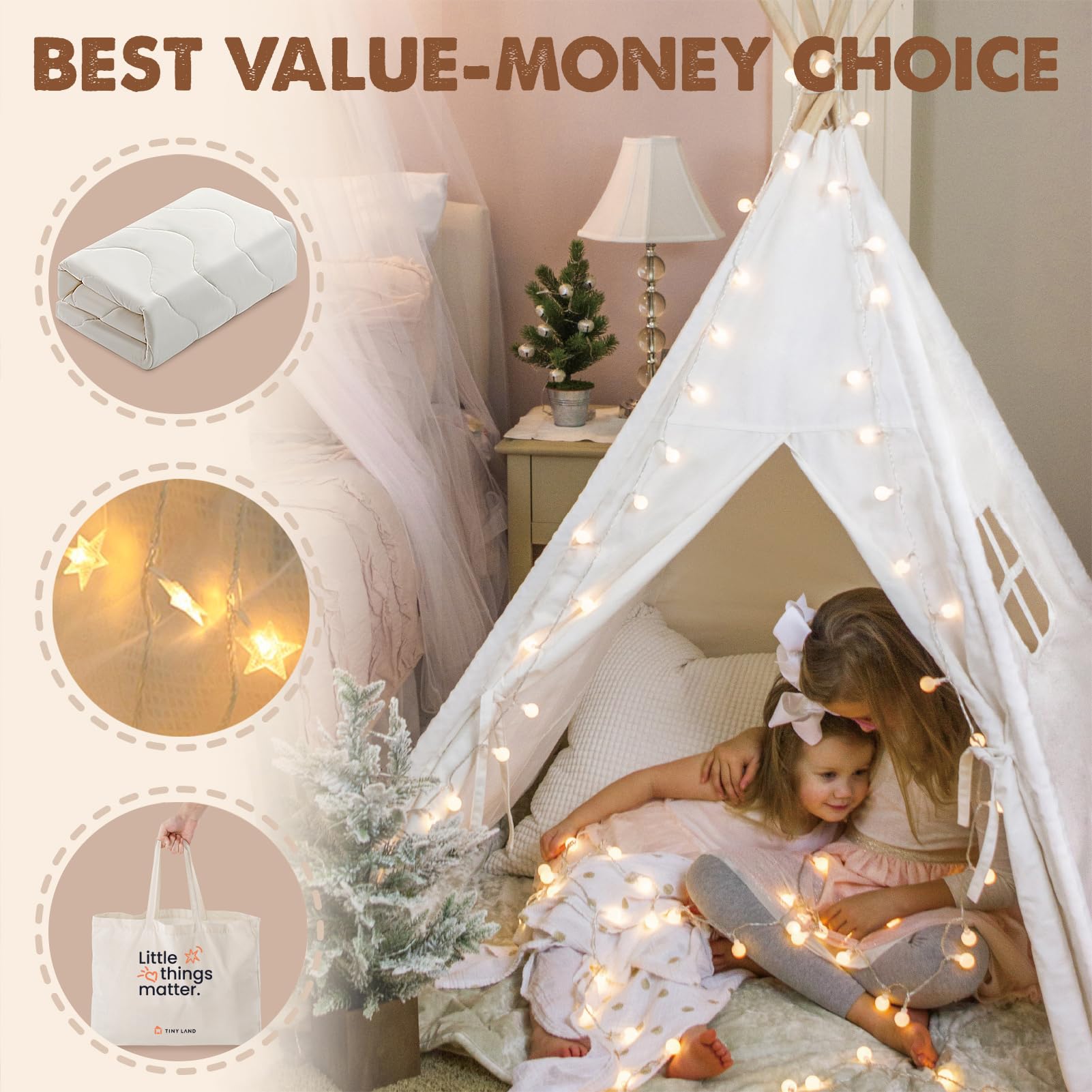 Tiny Land Teepee Tent accessories kit with carry bag and setup video for quick assembly.