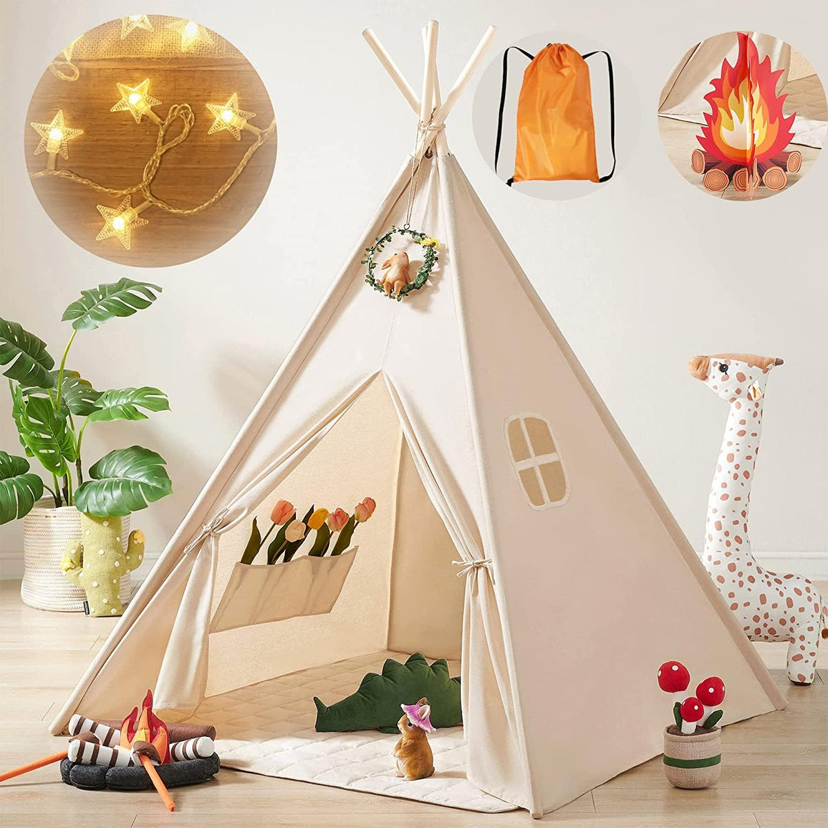 Tiny Land Teepee with star lights inside creating a magical play space for kids