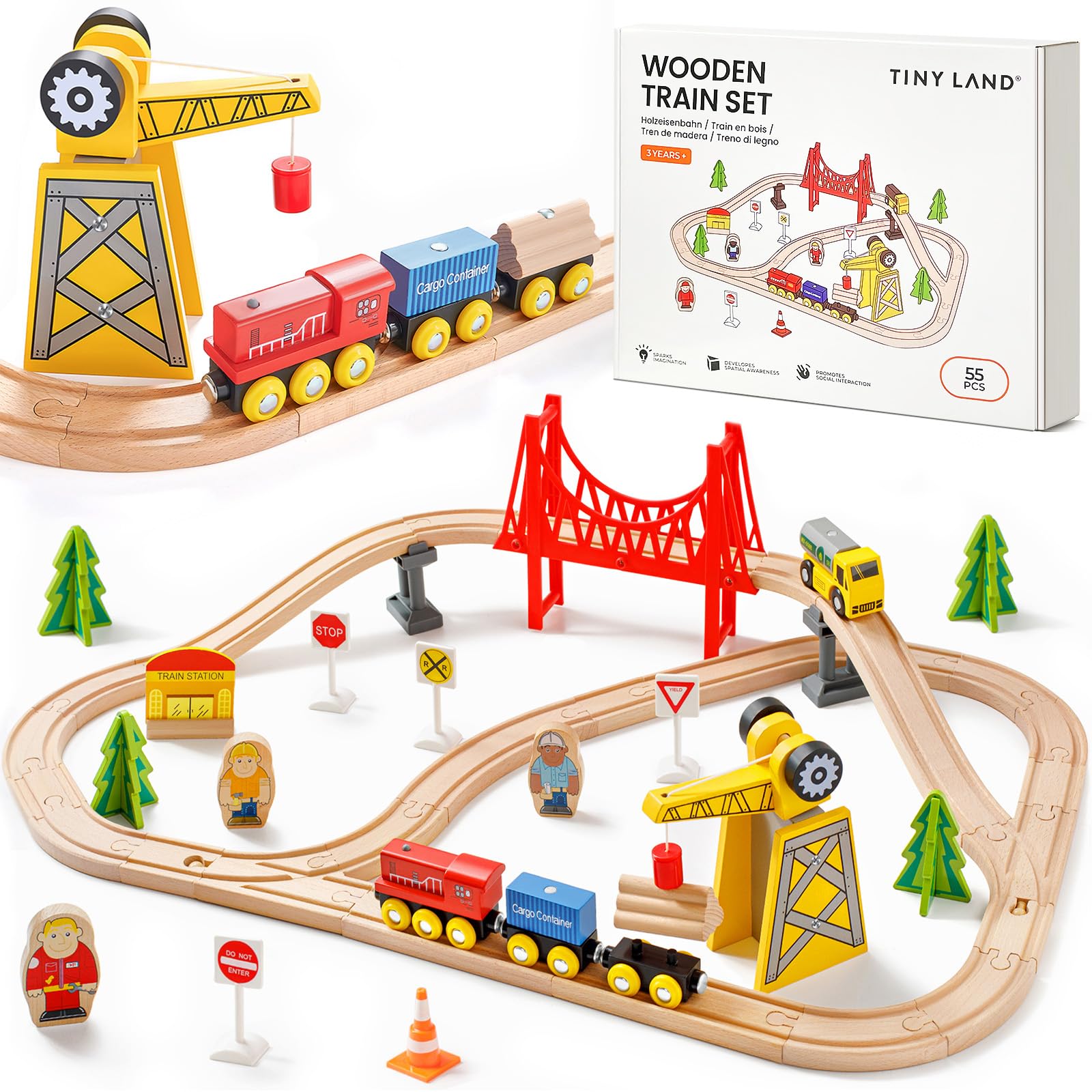 Tiny Land train set 55pcs presents flexible layouts for open-ended play.