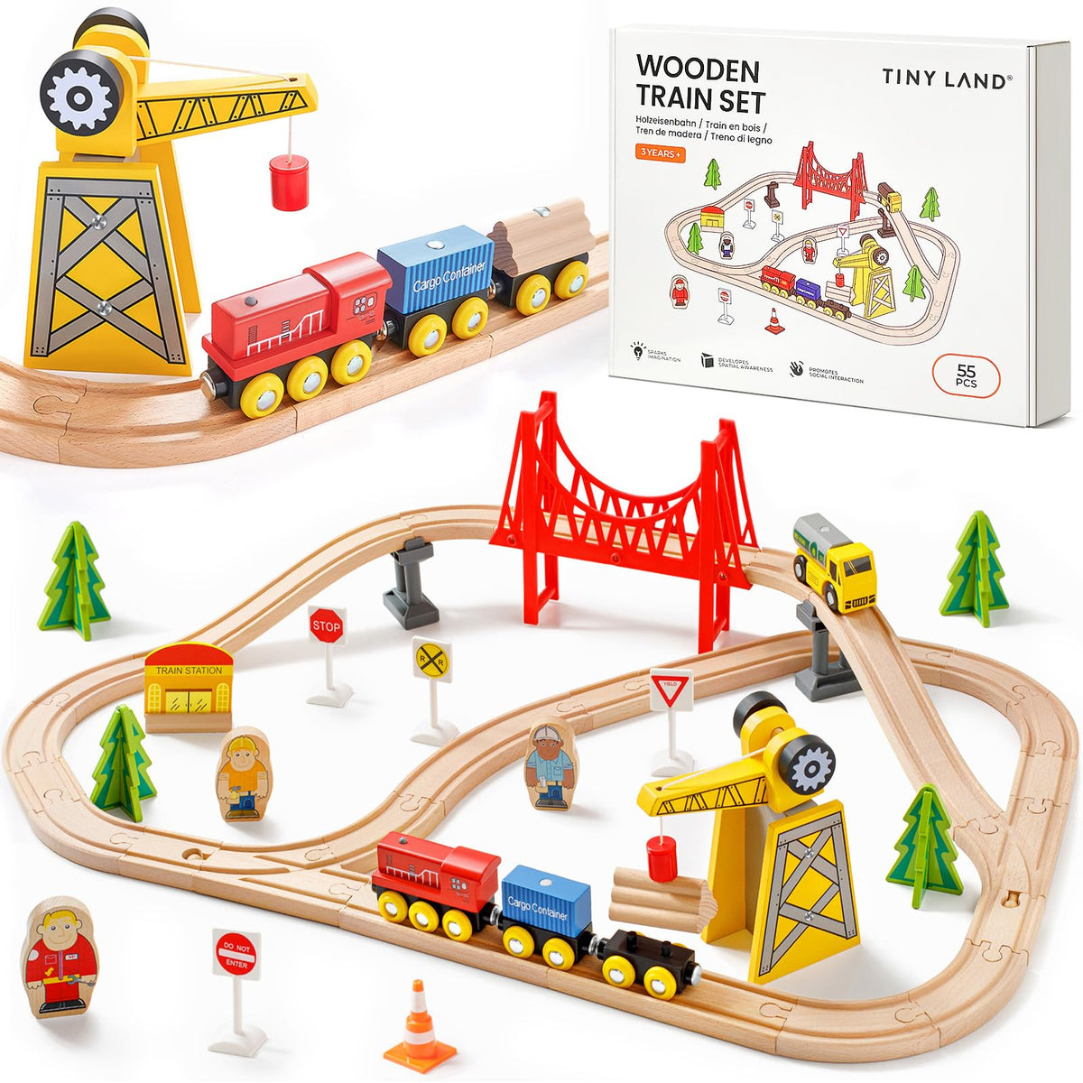 Tiny Land train set 55pcs presents flexible layouts for open-ended play.