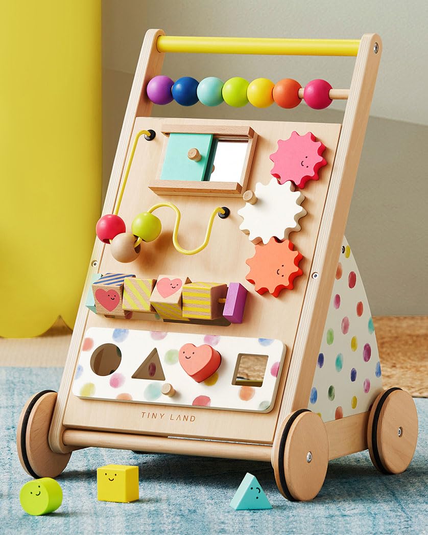 Tiny Land wooden baby walker with rainbow frame for early stepping exploration