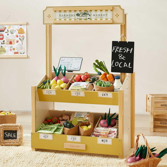 Tiny Land wooden play store front sign encourages imaginative shopping play
