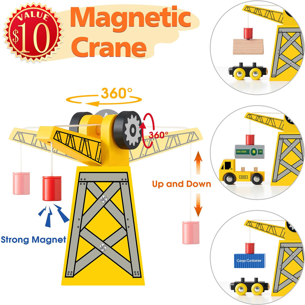 Tiny Land wooden train crane lift demonstrates hands-on cargo movement.