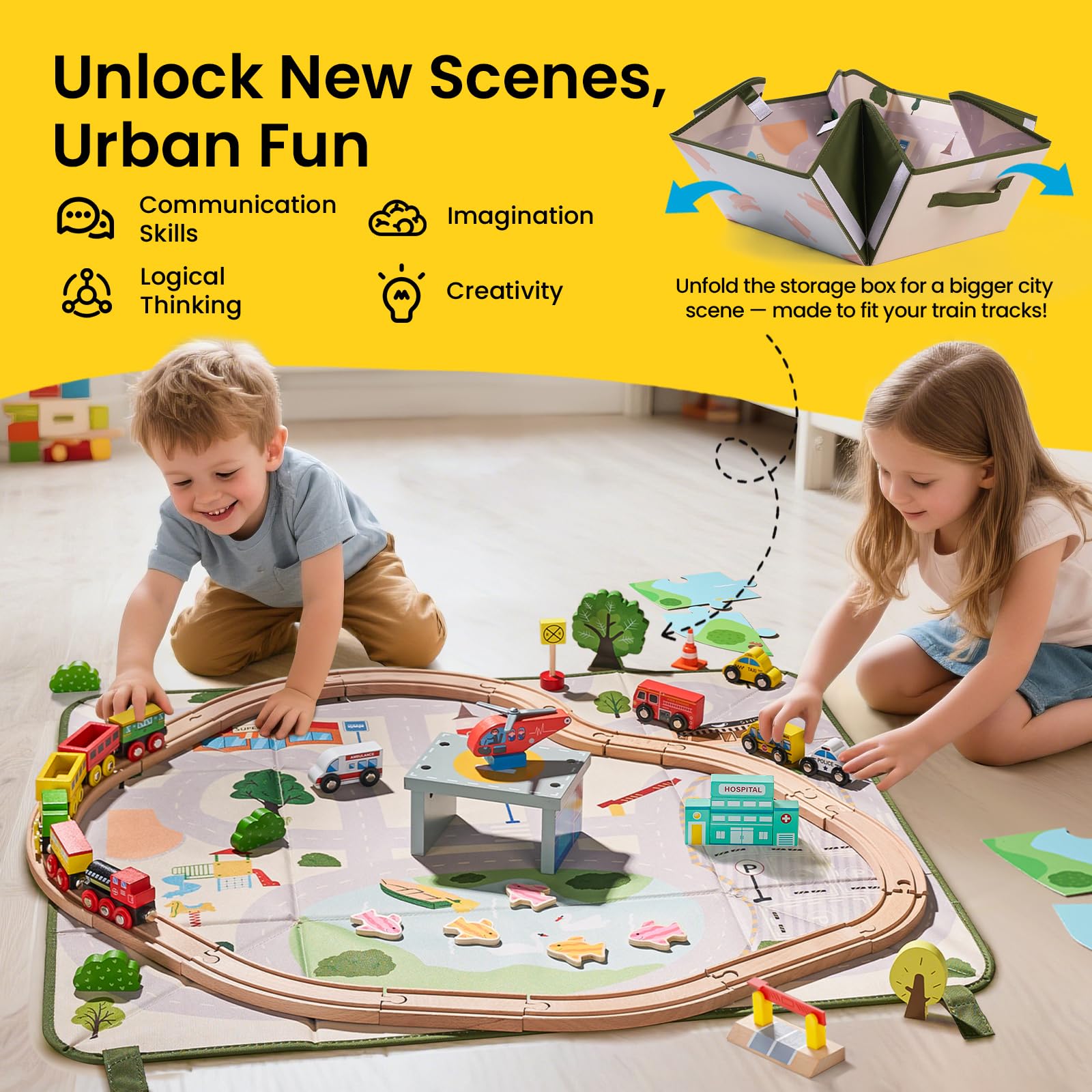 The 110-piece set includes tracks, buildings, and figures for collaborative, screen-free play.
