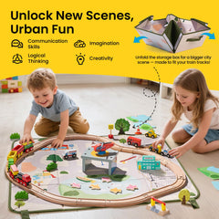 The 110-piece set includes tracks, buildings, and figures for collaborative, screen-free play.