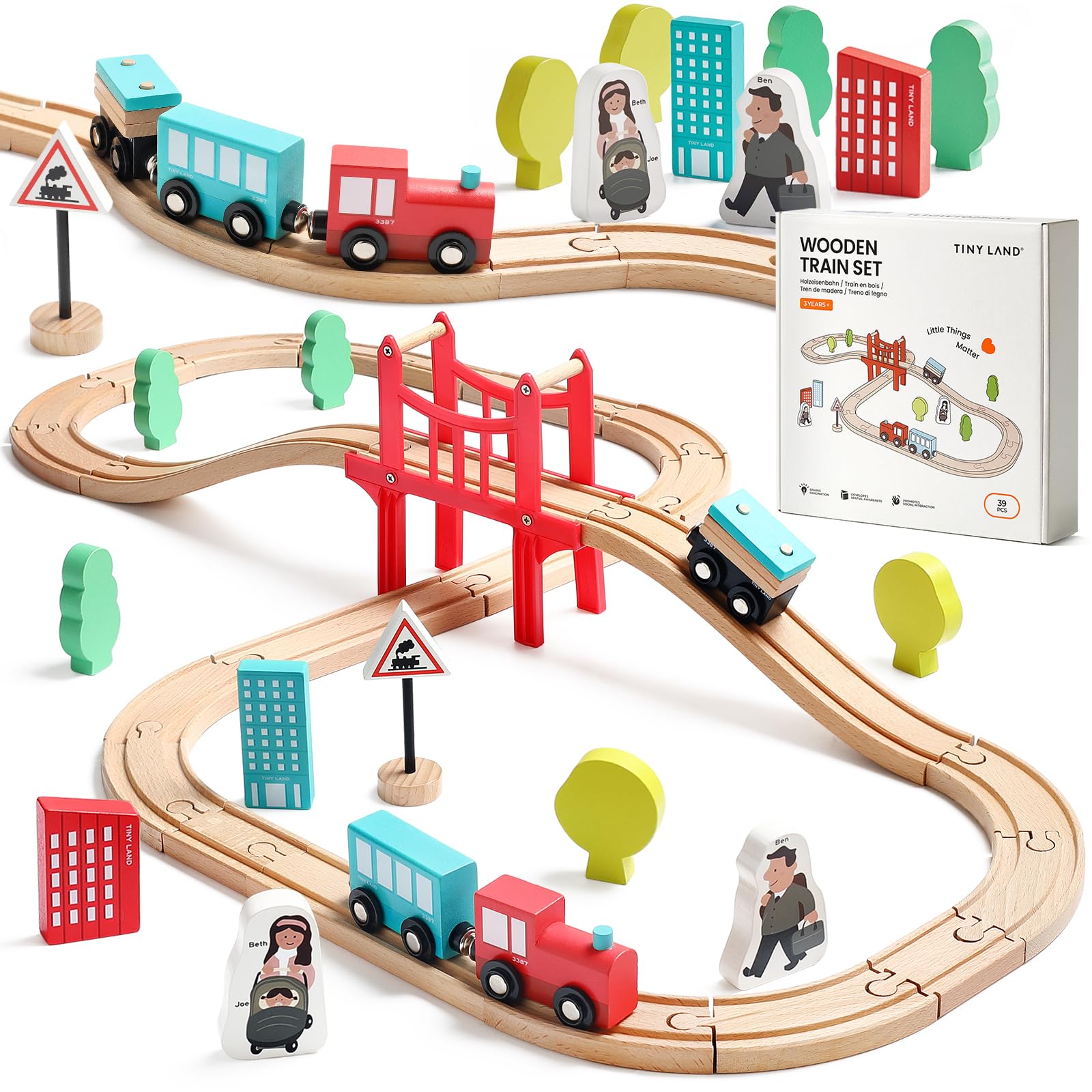 Tiny Land wooden train set 39 pcs on smooth beech wood for safe toddler play.