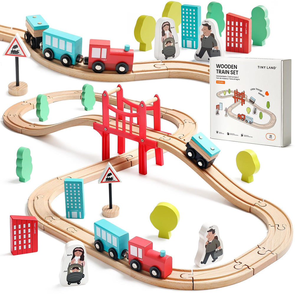 Tiny Land wooden train set 39 pcs on smooth beech wood for safe toddler play.