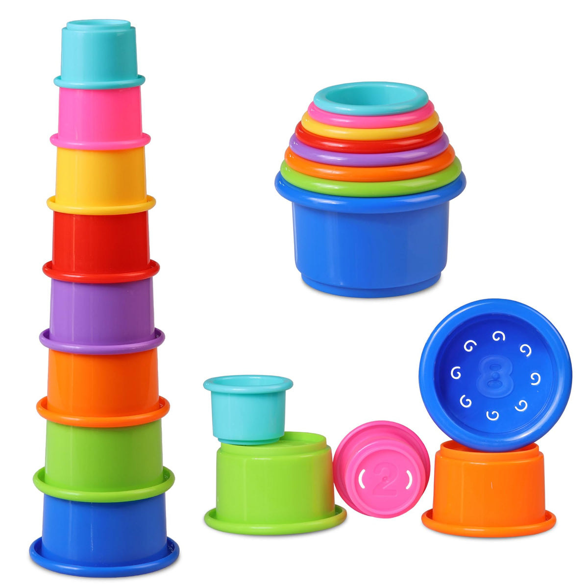 Tiny Tinker stacking cups 8pc nesting set helps babies explore shapes and colors.