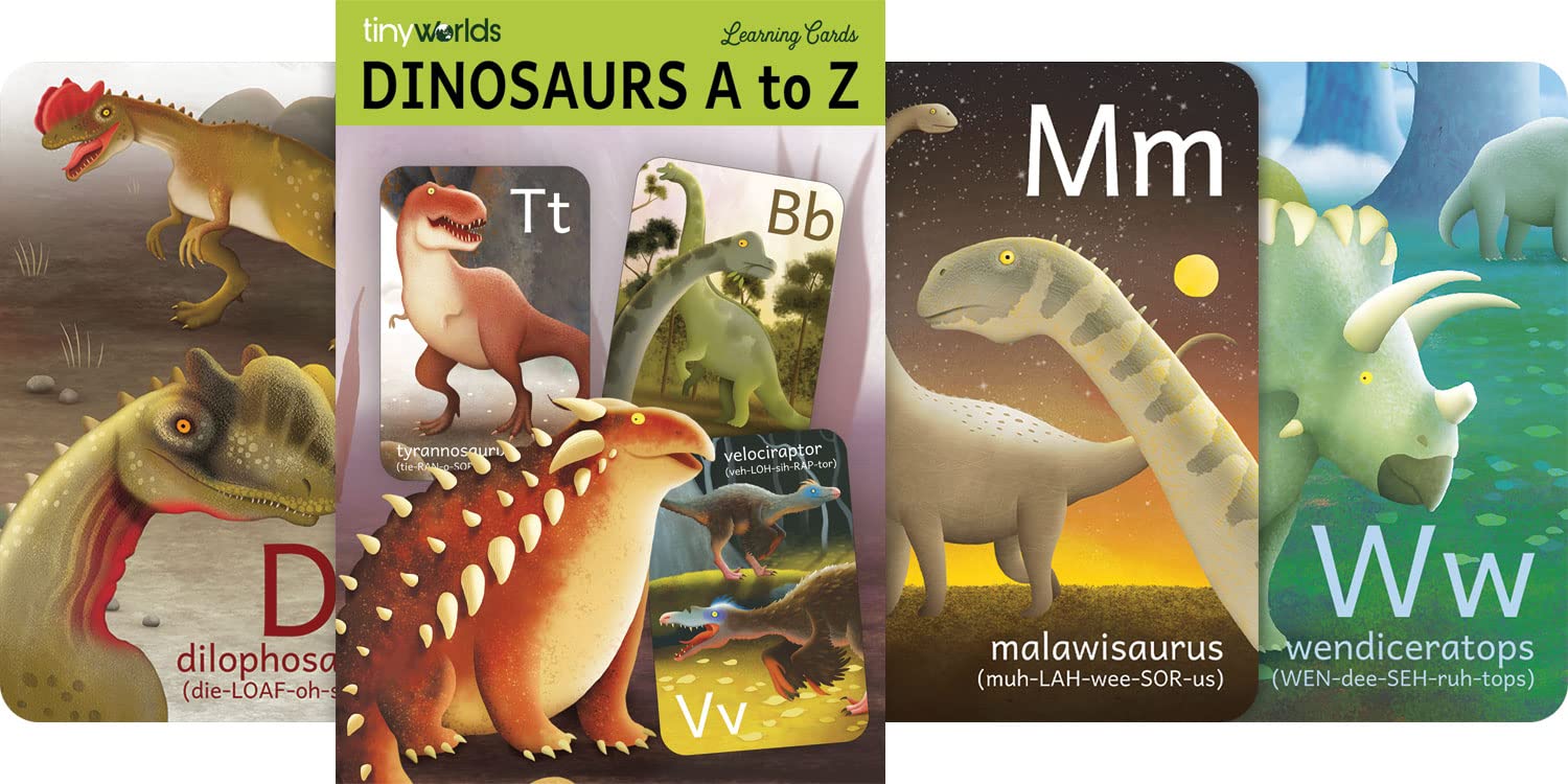 Tiny Worlds C Velociraptor card enhances letter learning with vivid dinosaur imagery.
