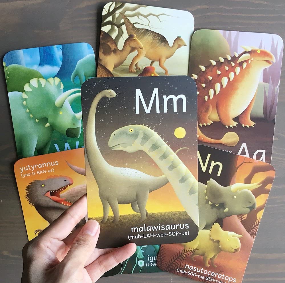 Tiny Worlds E Ankylosaurus card supports letter-sound practice with attractive artwork.
