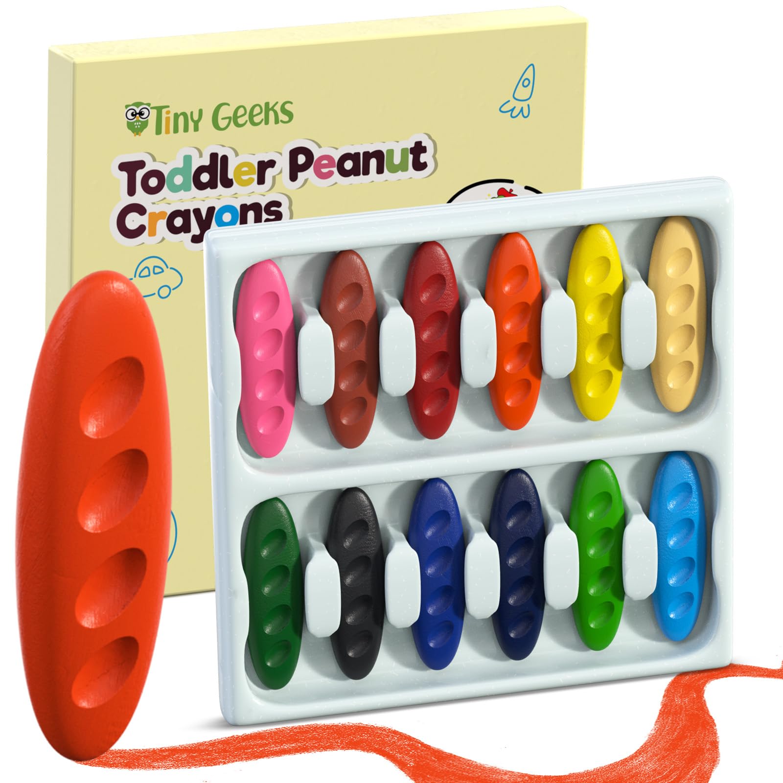 TinyGeeks 12 Peanut Crayons pack shot with bright colors for creative play