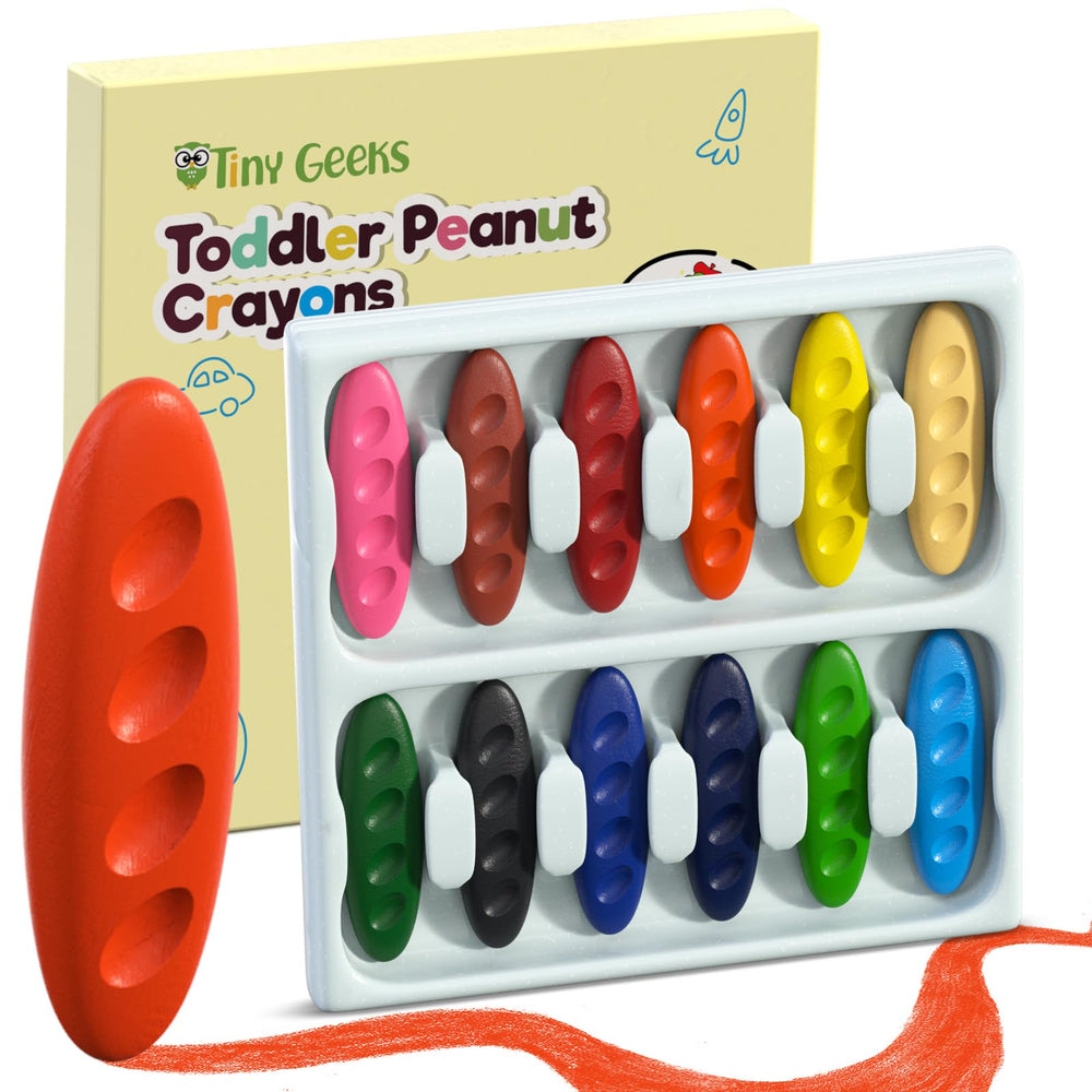 TinyGeeks 12 Peanut Crayons pack shot with bright colors for creative play